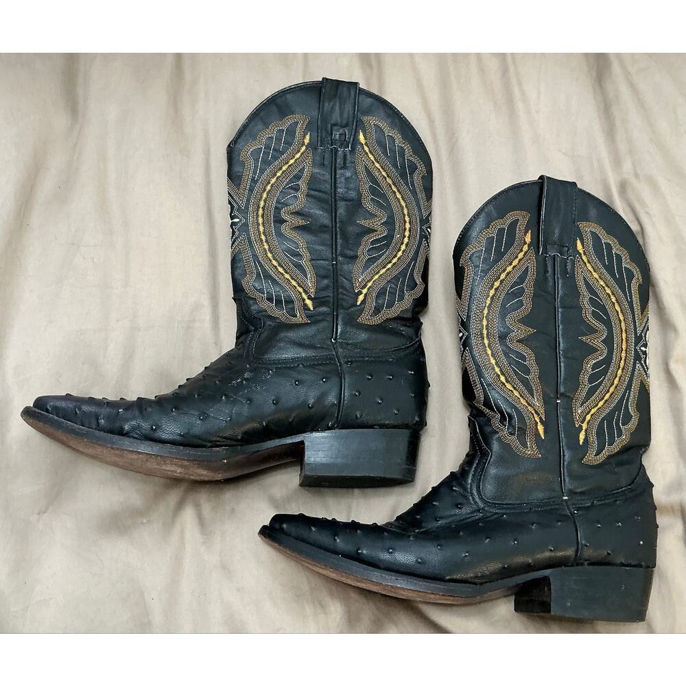 Running Horse Pointed Toe Ostrich Leather Black Cowboy Boots Mens 8 Womens 10